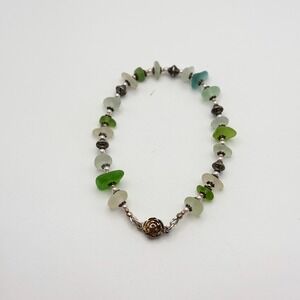 Sterling Silver 925 Sea Glass Pearl Magnetic Rose Clasp Anklet Green Aqua